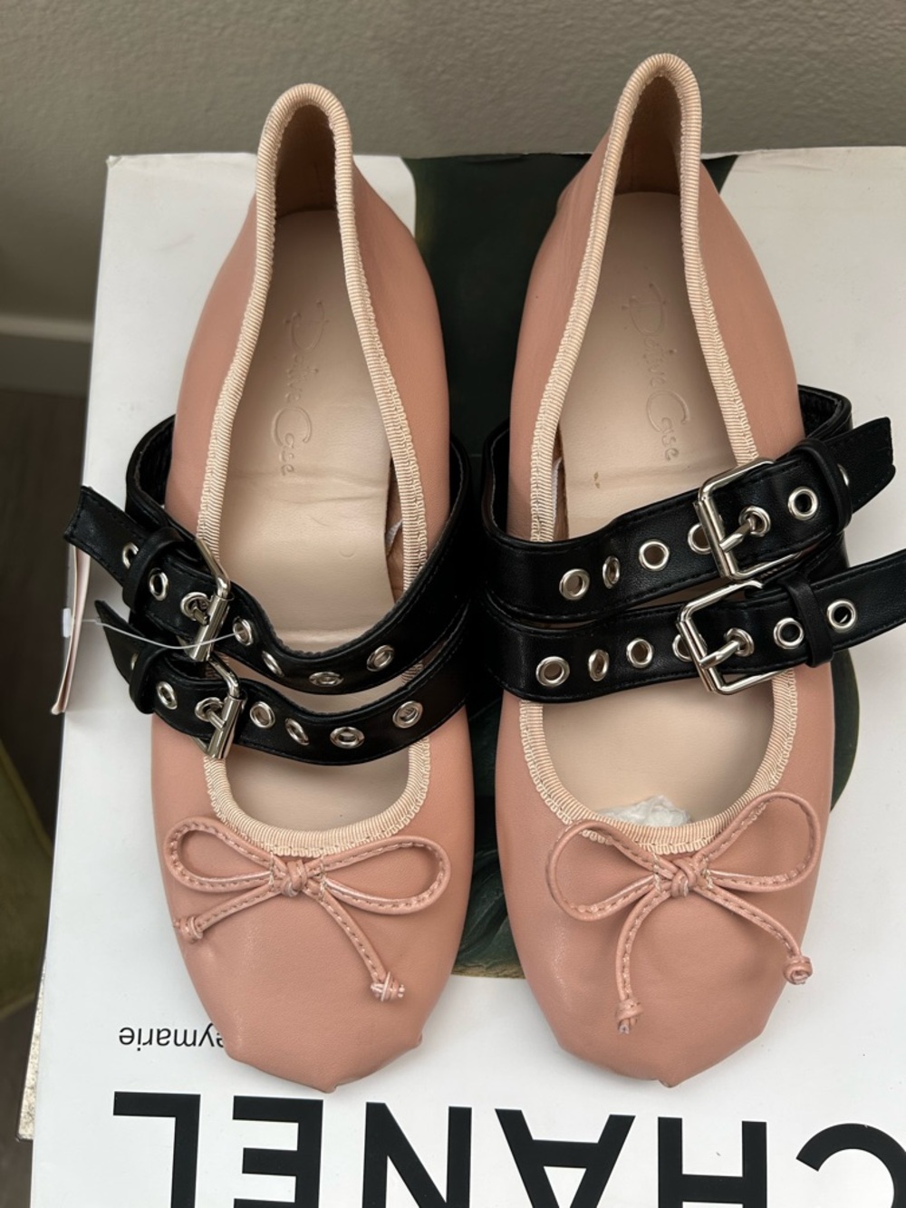 Pink Leather Ballet Flats with Double Black Buckle Straps - Picture 9 of 11